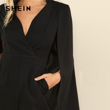 Black Party Elegant Wrap Plunging V Neck Cloak Long Sleeve Solid High Waist Maxi Jumpsuit Autumn Women Casual Jumpsuit